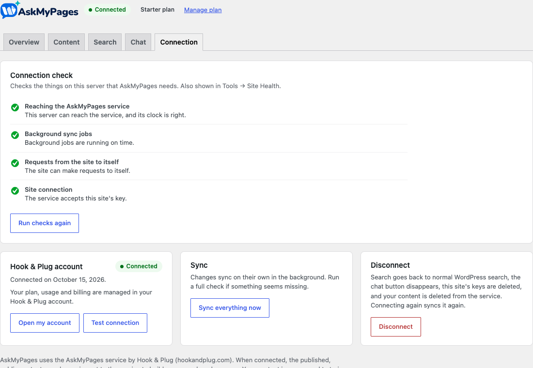 The connection check explains hosting problems in plain words.