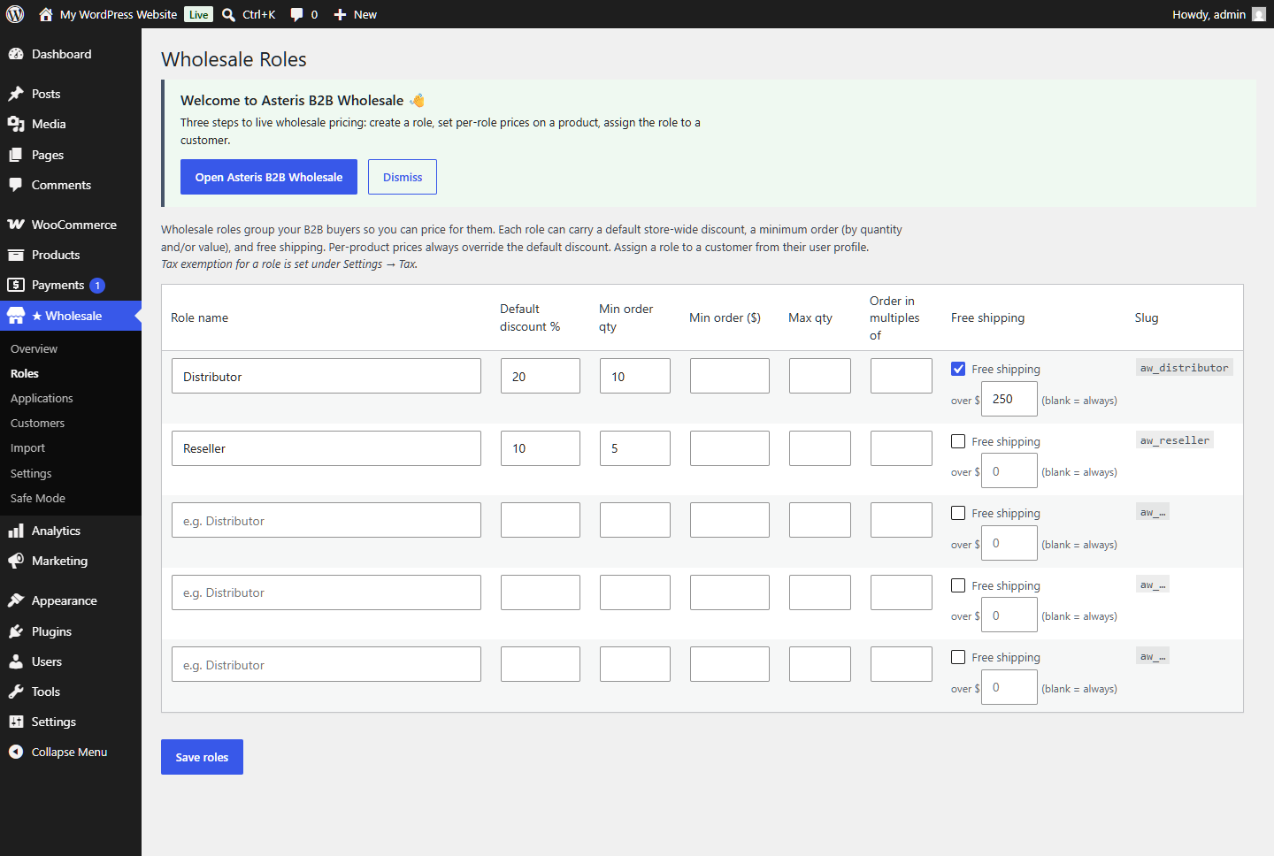 Wholesale roles - unlimited B2B roles, each with a default discount, minimum order and free-shipping rules.