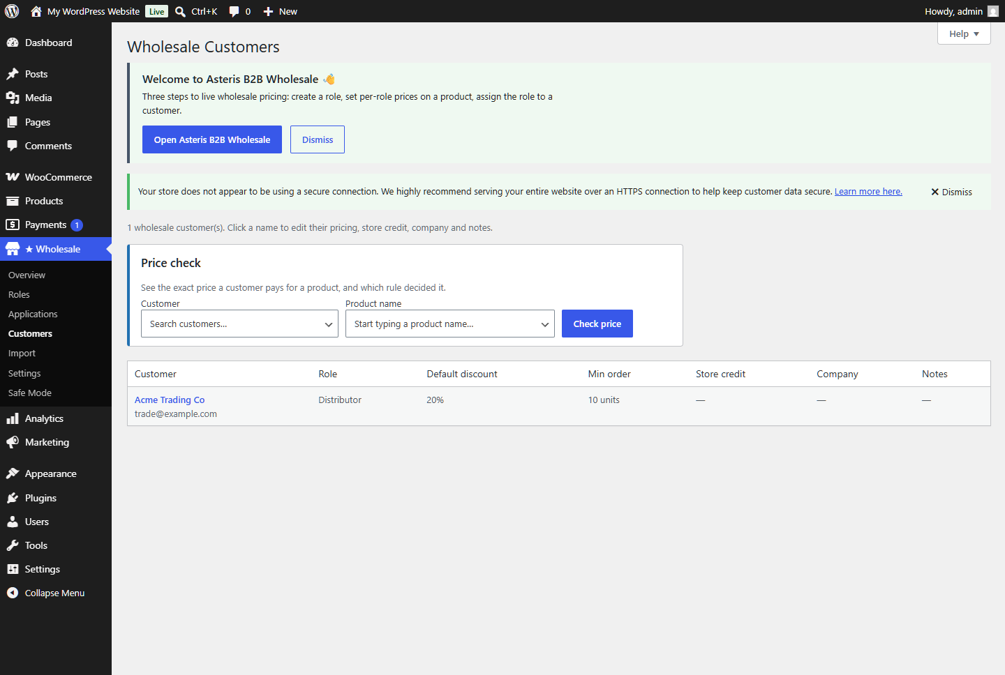 Customer roster - manage your wholesale trade accounts and their roles.