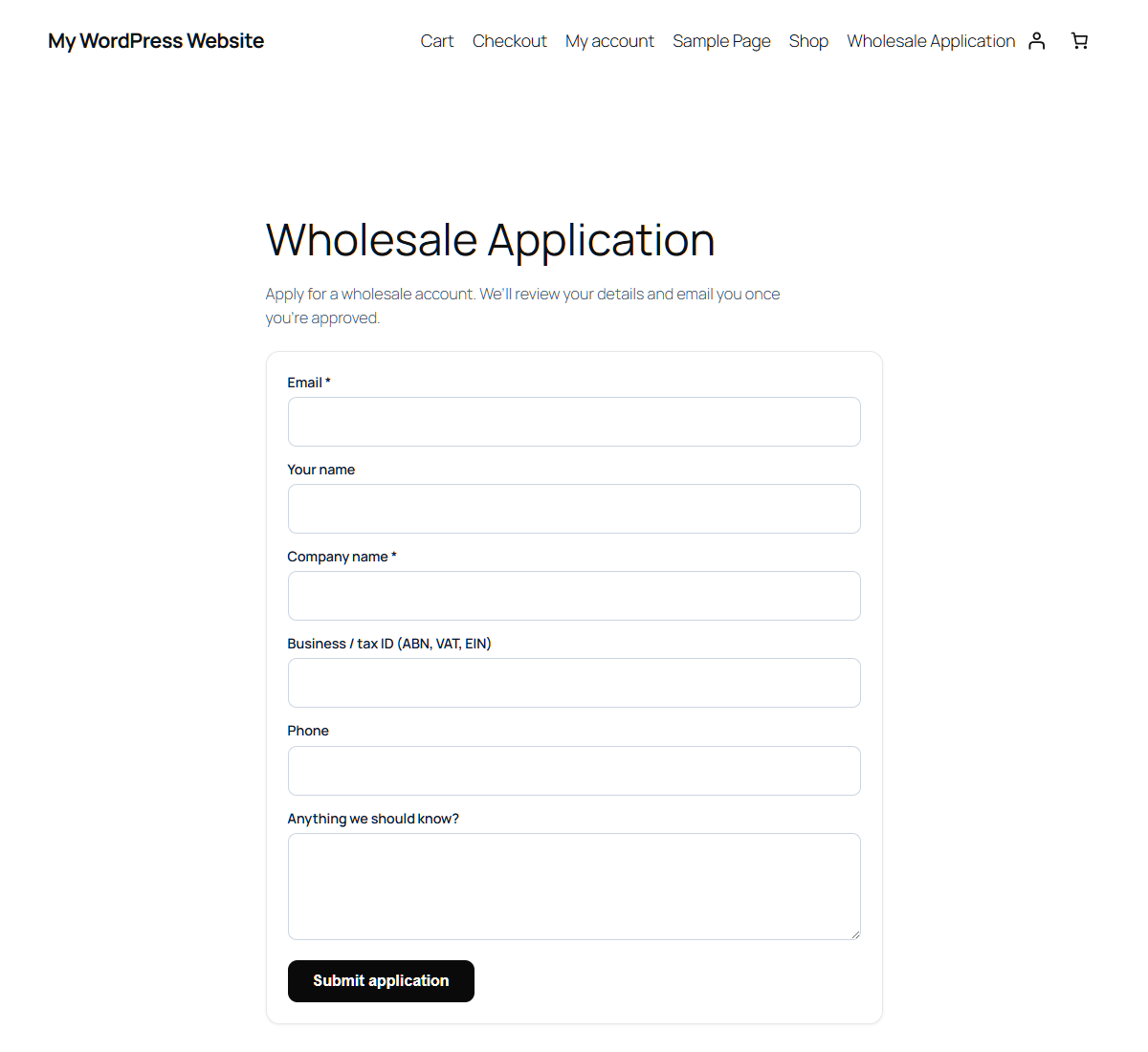 Wholesale registration form with one-click trade-account approval.