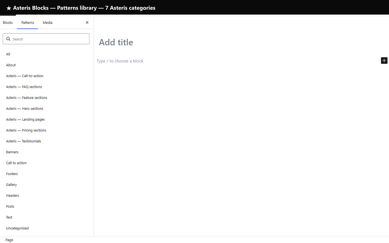 Patterns tab -- 7 Asteris-branded categories: Call-to-action, FAQ, Feature, Hero, Landing pages, Pricing, Testimonials.