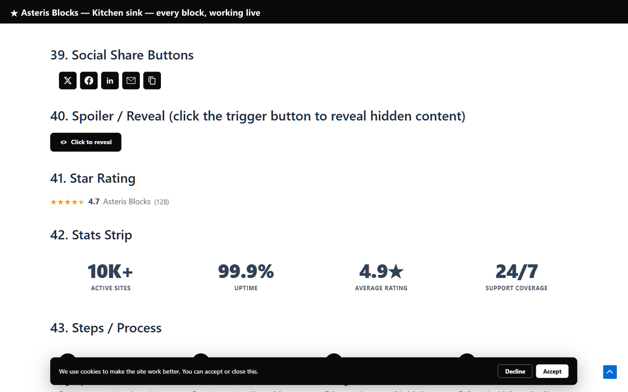 Demo page -- Social Share, Star Rating (with AggregateRating schema), Stats Strip, Steps rendering together.