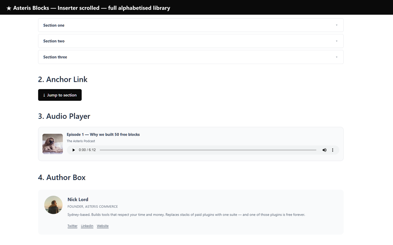Demo -- Accordion, Anchor Link, Audio Player, Author Box rendering on a real page.