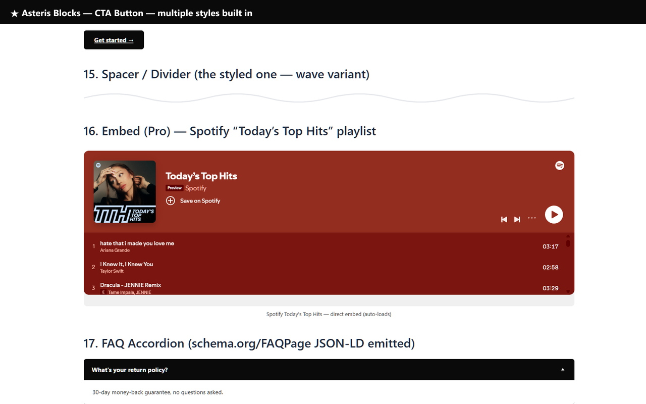 Demo -- CTA Button, Spacer/Divider, Spotify embed, FAQ Accordion with schema.org JSON-LD.