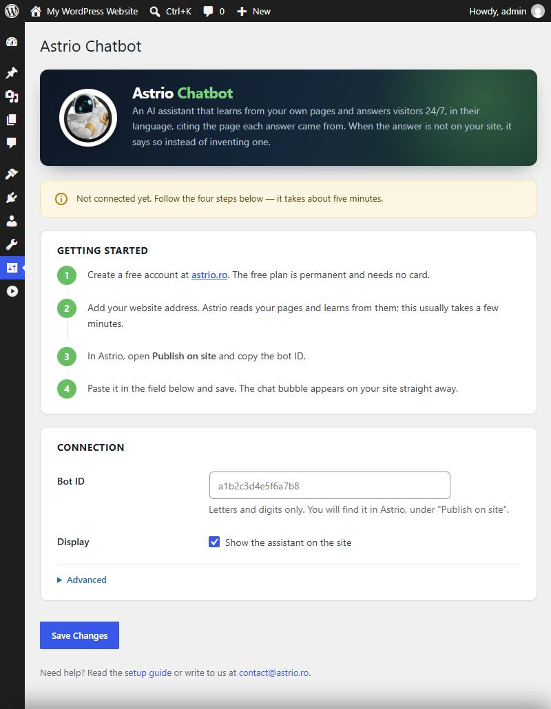 The settings screen: one field to fill in, with the four setup steps.
