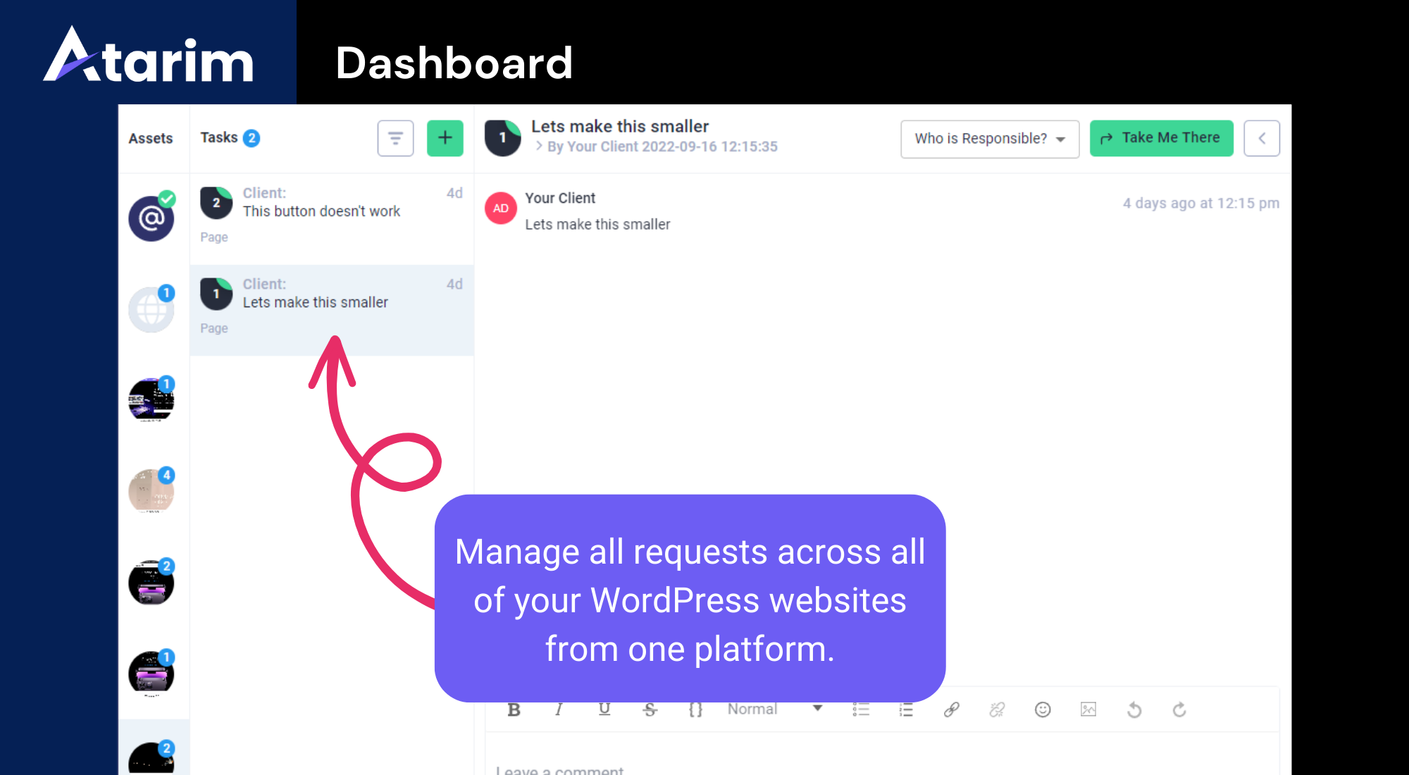 <strong>Back-end Requests</strong>: Create requests on the WordPress Dashboard, perfect for collaborating with your team or showing your client something.