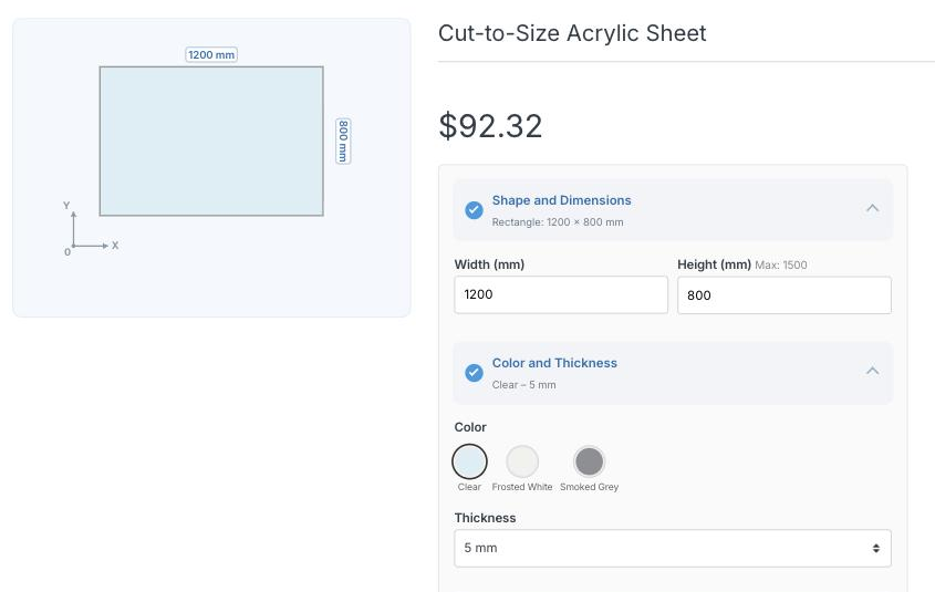 The size calculator on the product page: the customer types the width and height, picks a colour and thickness, and the price and the cutting diagram update as they type.