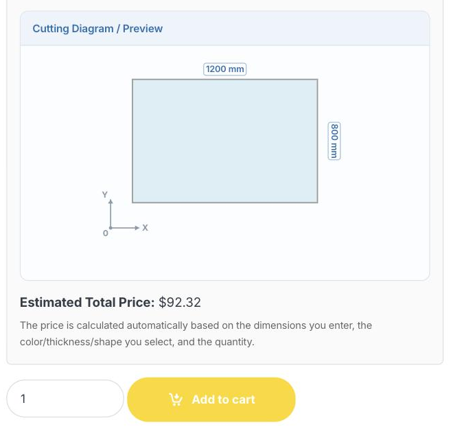 The calculator close up: the cutting diagram is drawn from the numbers entered, with dimension arrows, and the estimated total is shown underneath it.