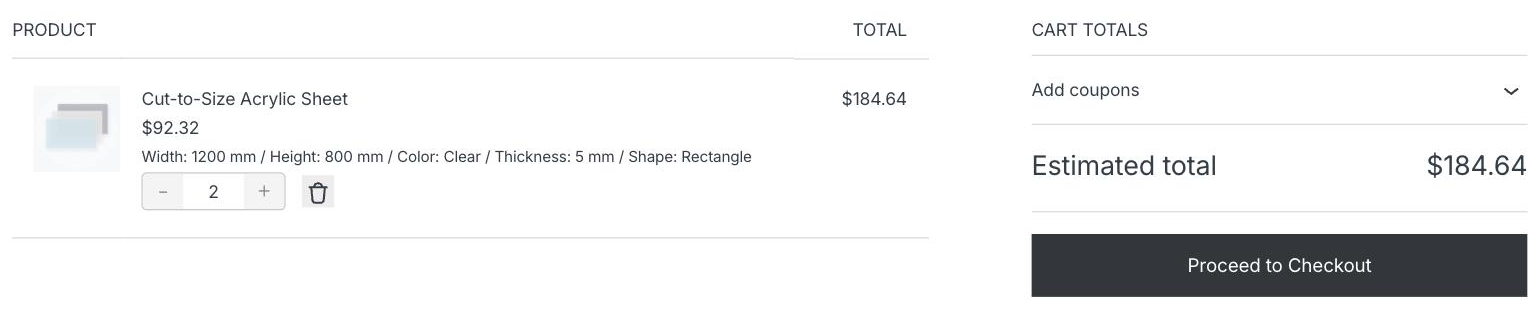 The cart line carries the full size, colour and thickness breakdown, and the calculated price is never shown as a discount.