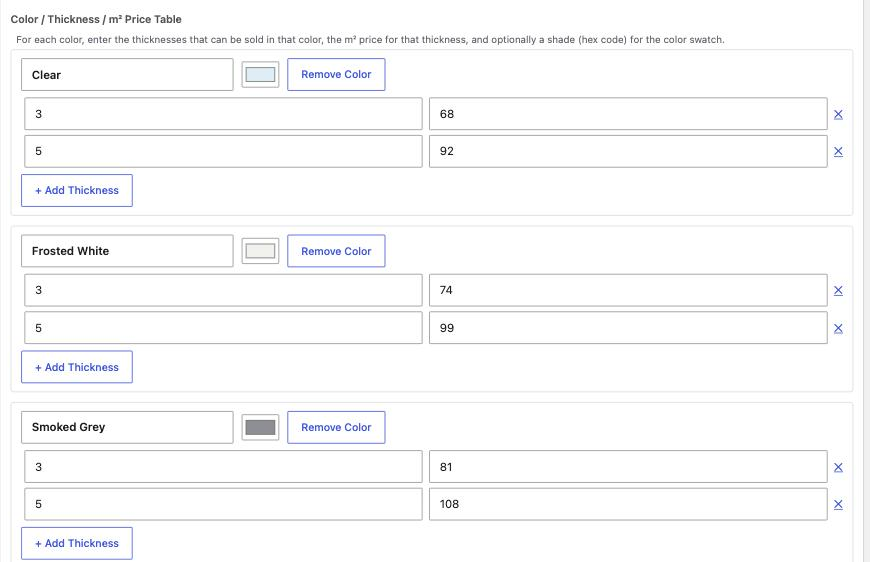 The product settings: the colour / thickness / m2 price table.