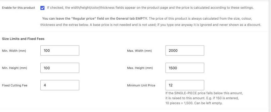 Size limits and fixed fees: minimum and maximum width and height, a fixed cutting fee and a minimum unit price.