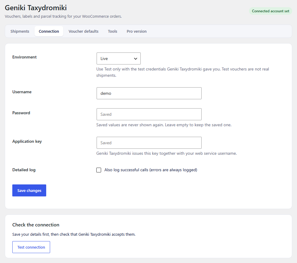 Connection: your Geniki Taxydromiki account and the connection test.