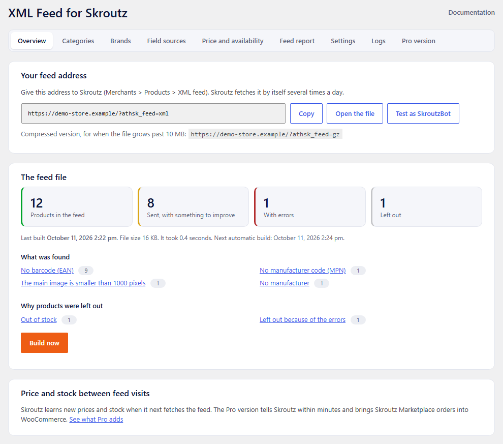 Overview: the feed address, the result of the last build and the findings by type.