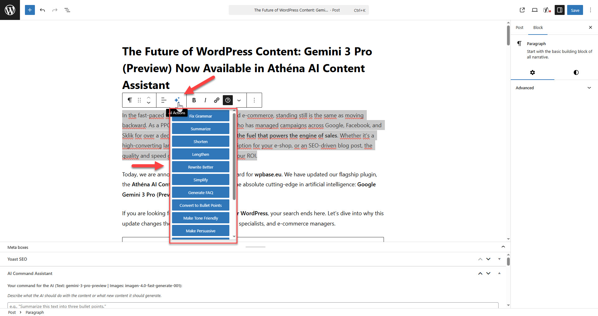 Edit with precision using AI Actions. Simply select any part of your text to rewrite, shorten, or expand it without affecting the rest of the document. You can also generate and insert relevant images exactly where you need them—for example, right above a selected paragraph.