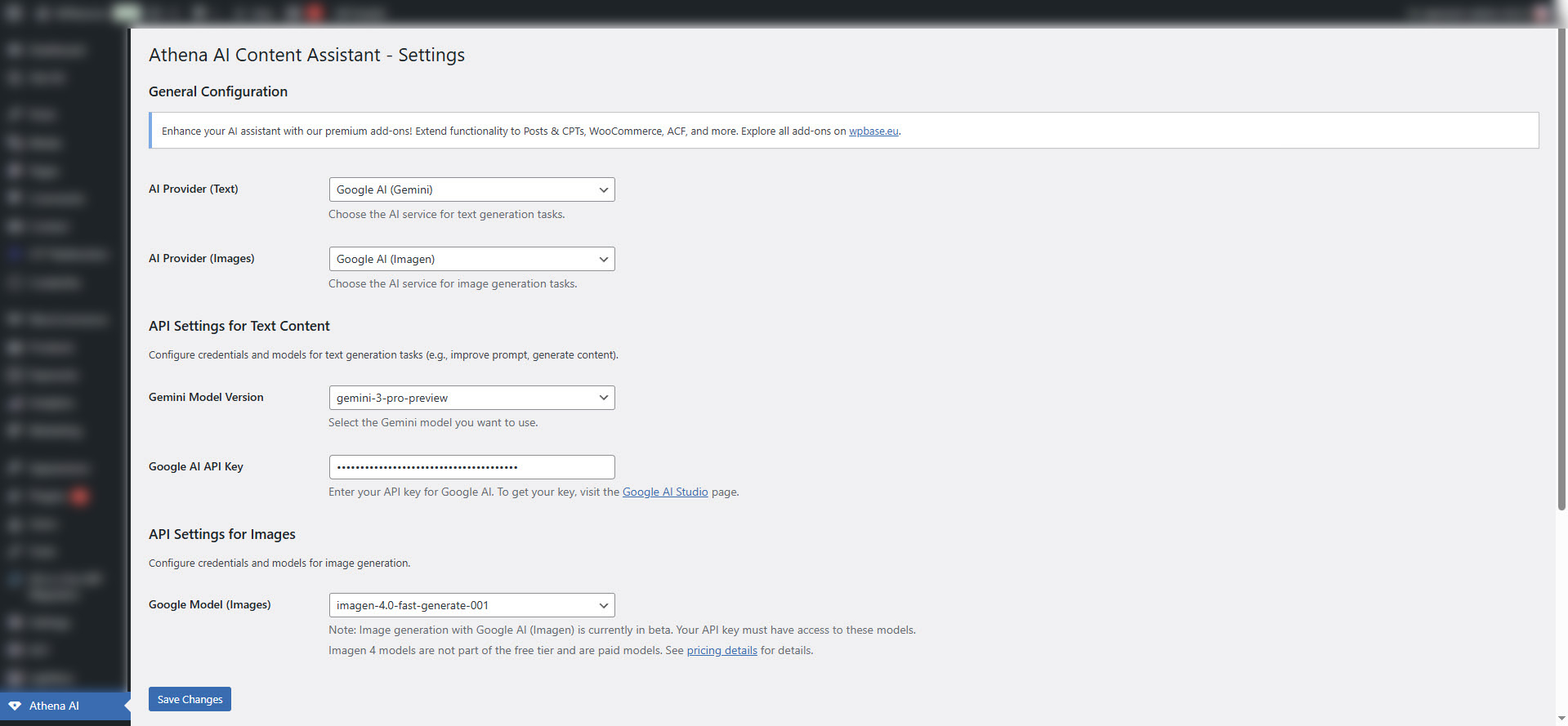 Simple and intuitive setup. Choose your preferred AI provider (OpenAI or Google Gemini), select specific models for text and image generation, and securely enter your API keys to get started in seconds.