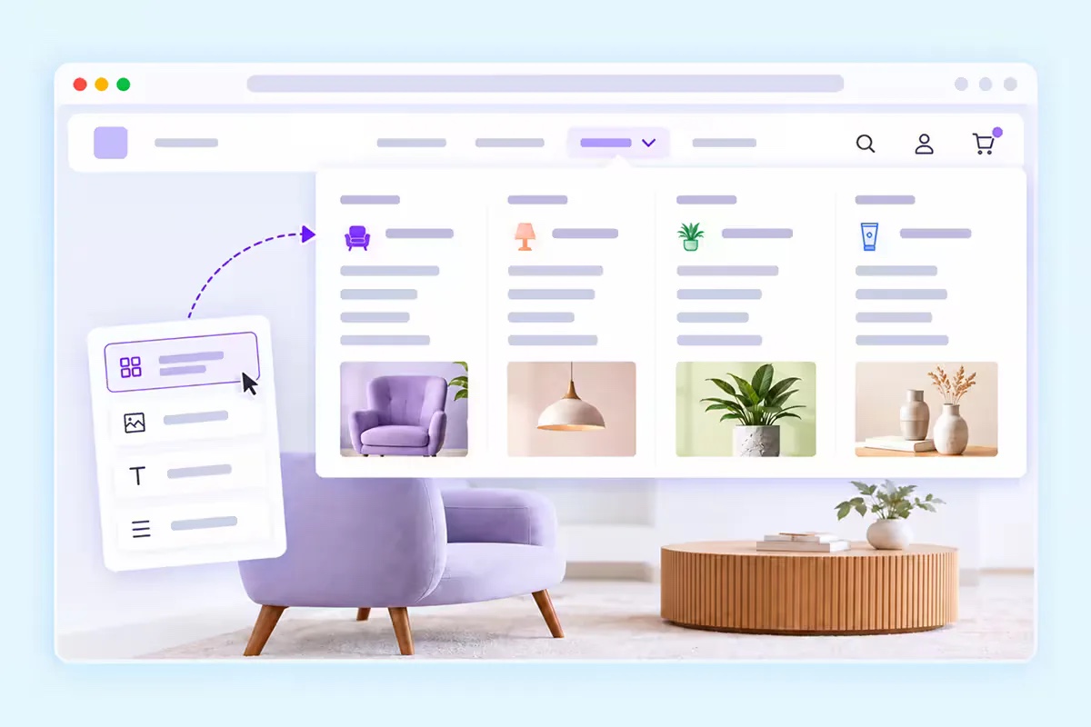 Mega Menu Builder: multi-column dropdown panels that hold any Elementor widget, plus a mobile off-canvas menu