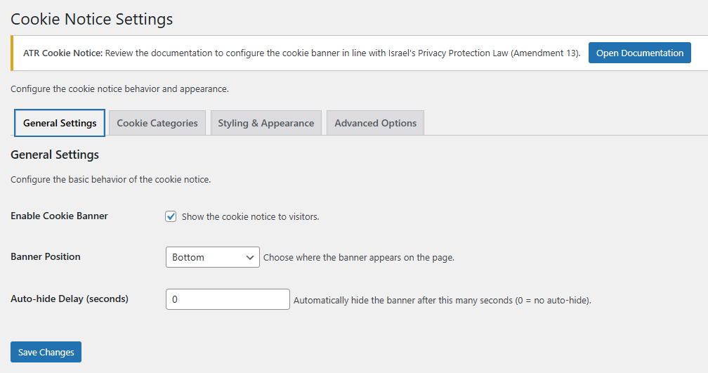 Plugin settings page showing the General Settings tab with banner configuration options