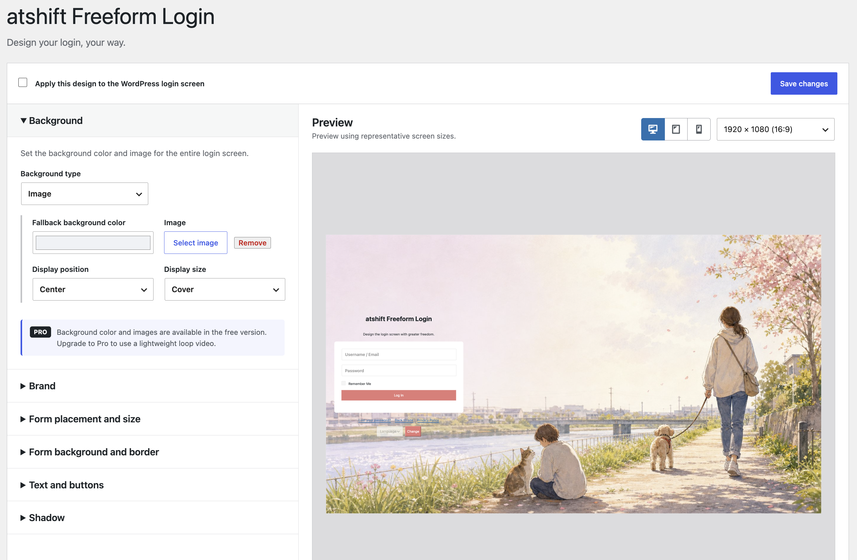 Freeform Login settings screen with a live preview and responsive design controls.