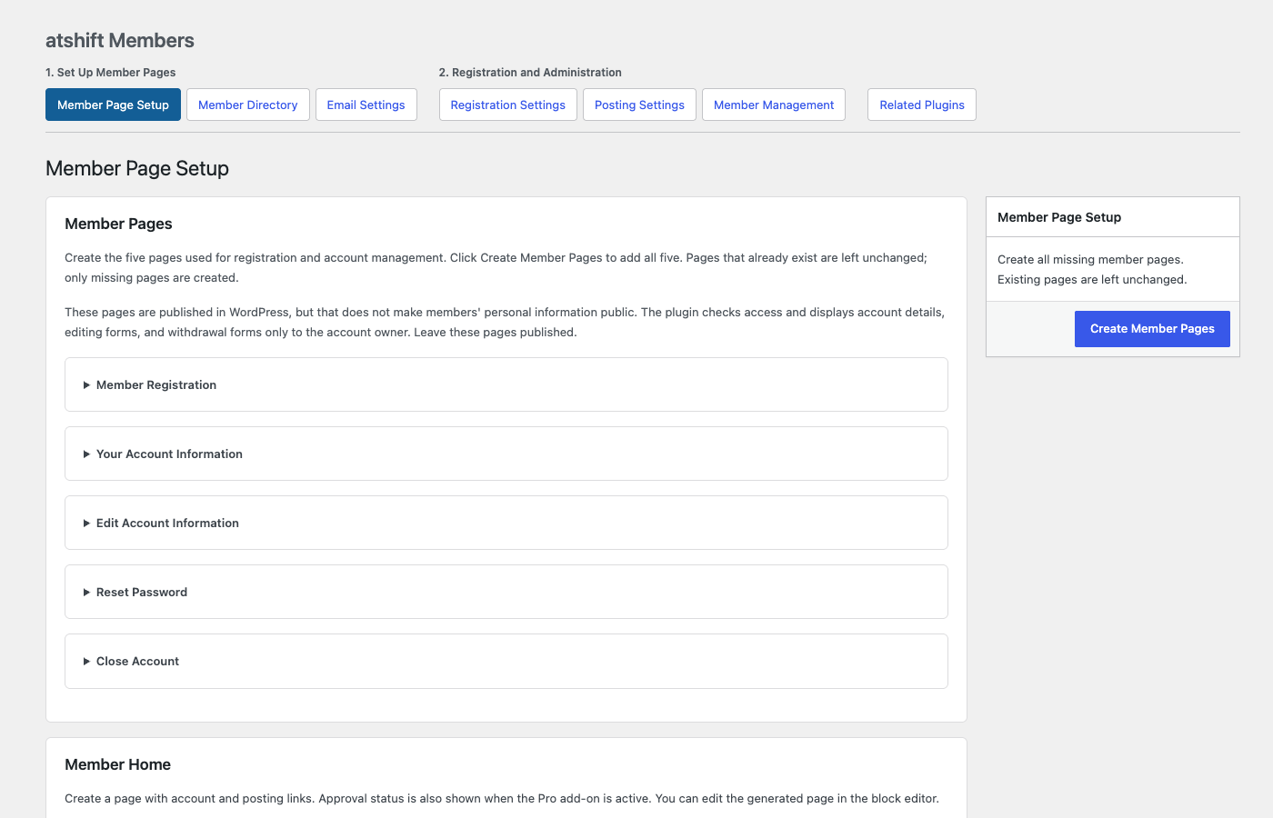Create and review the five required member pages and an optional member home page.