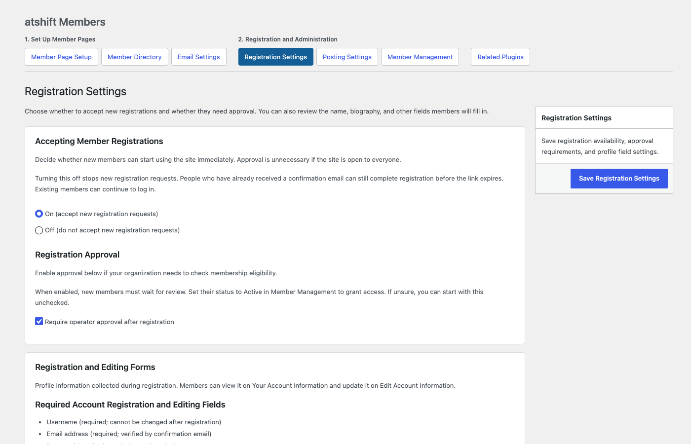 Choose registration availability, administrator approval, and the profile fields used by member forms.
