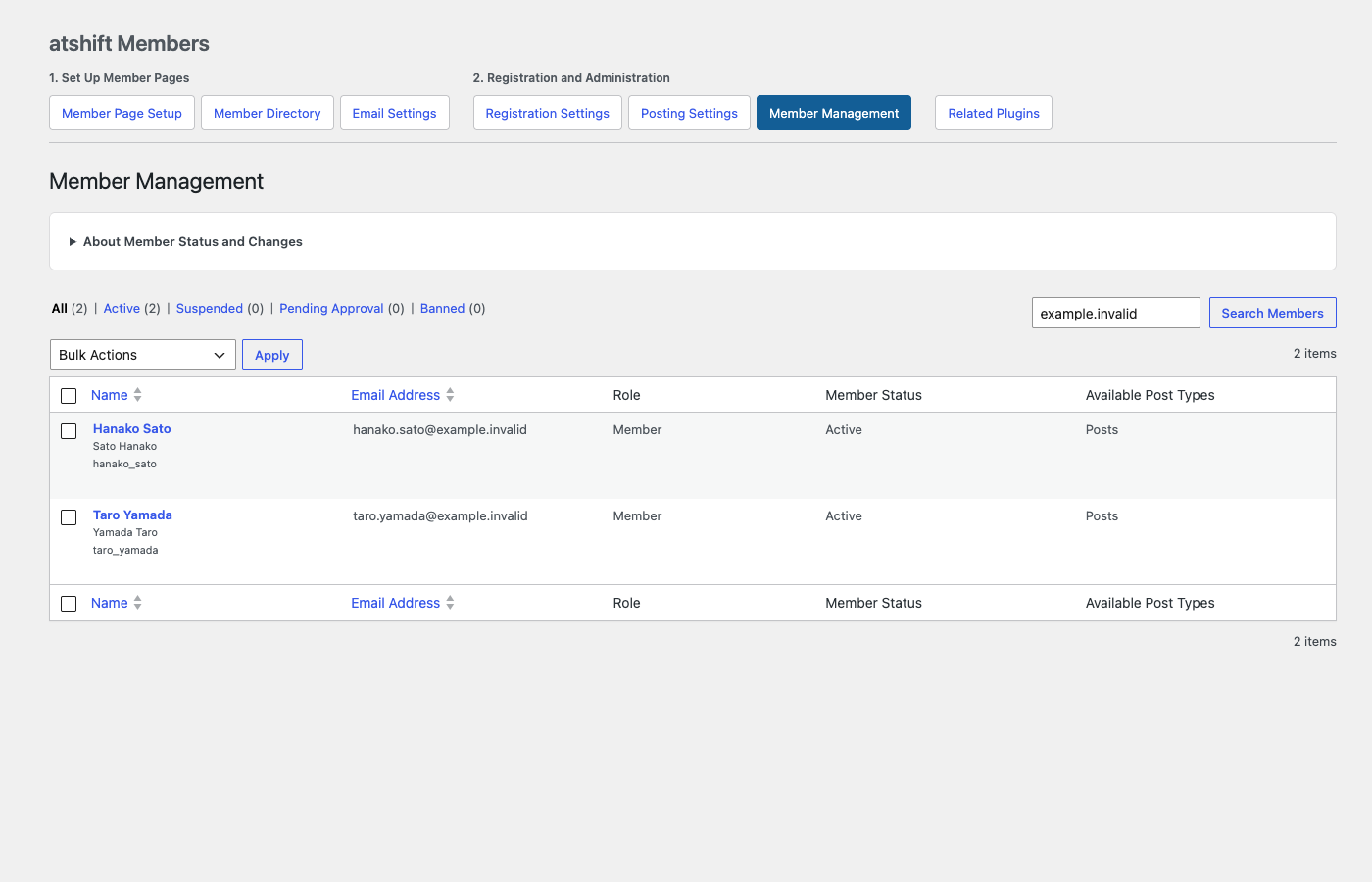 Search and manage members, account status, roles, and available post types from one list.