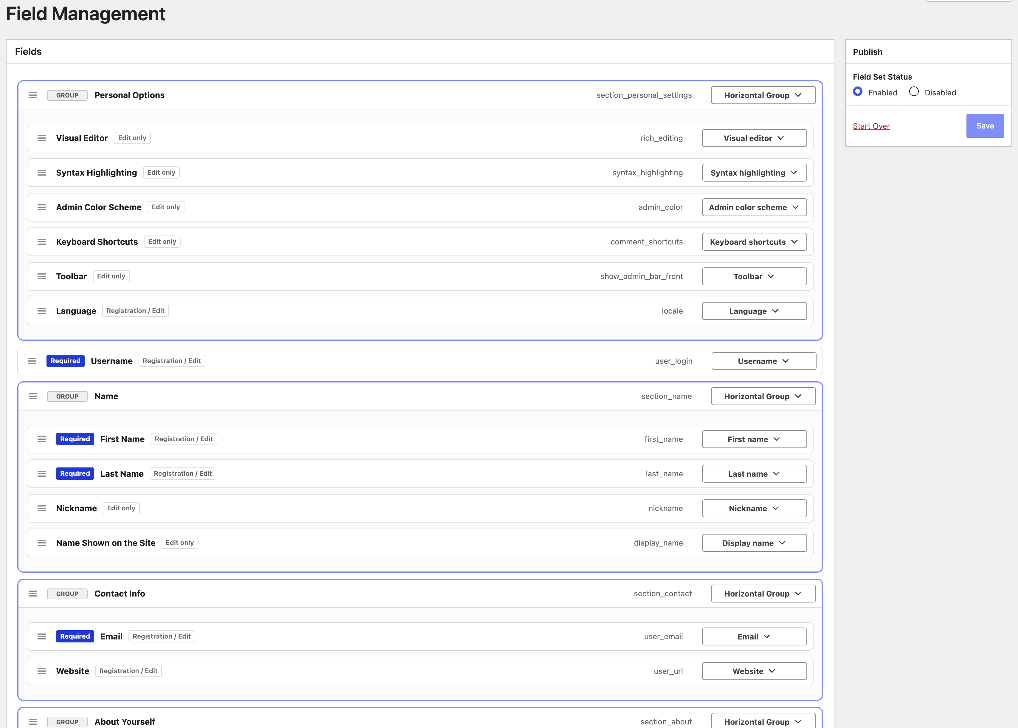 Field Management screen with draggable grouped profile fields and WordPress default profile fields.