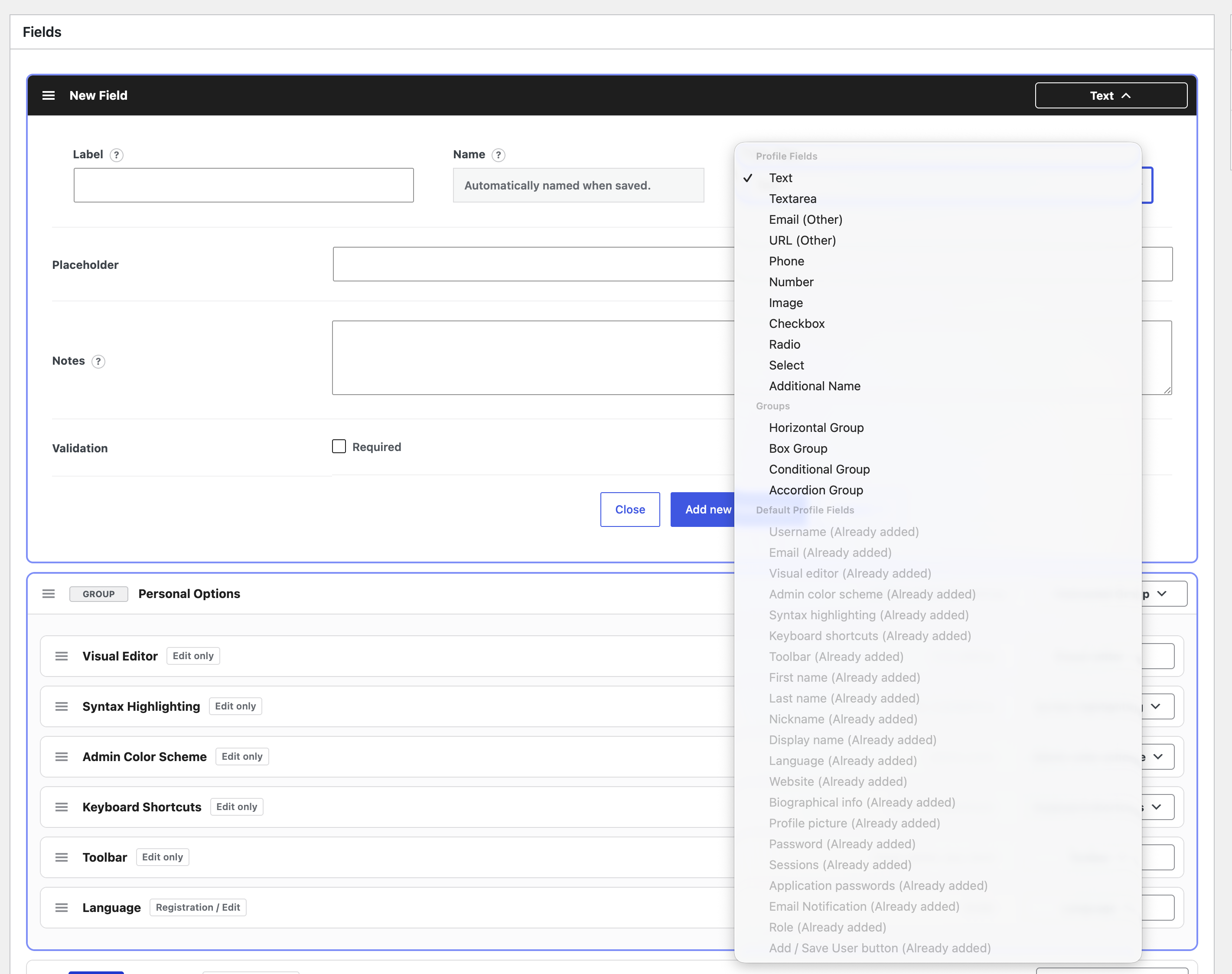 New field editor with custom field types, groups, and default WordPress profile fields.
