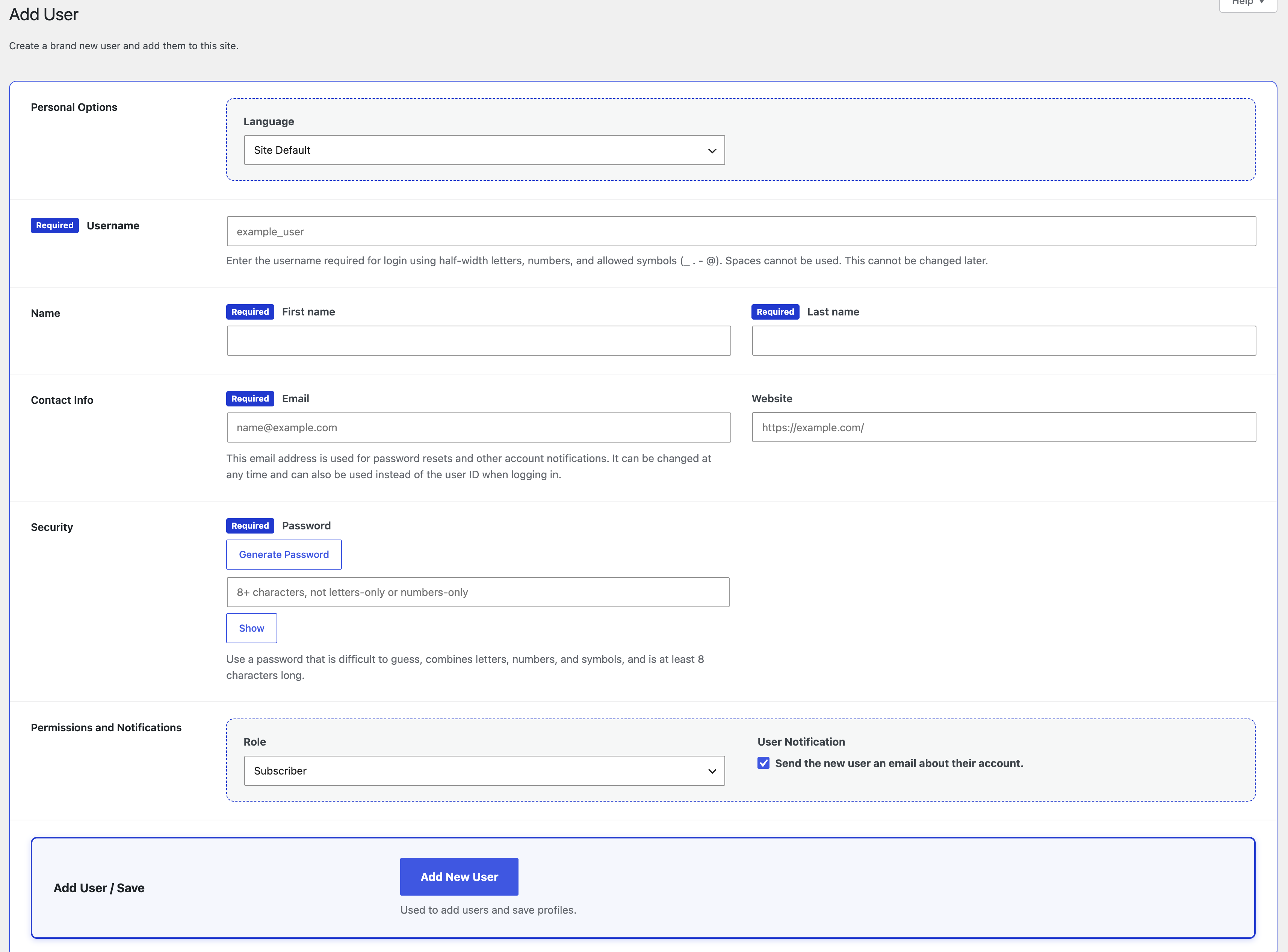 Add User screen rendered from a saved field set with required badges and grouped controls.