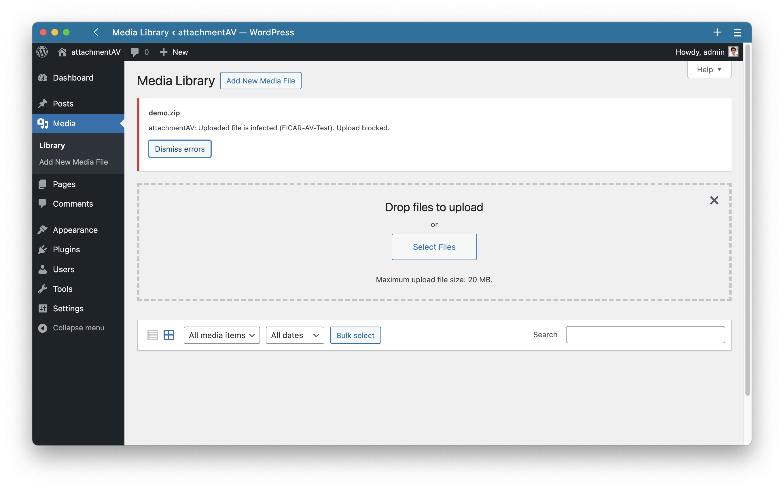 attachmentAV blocks uploads of infected files.