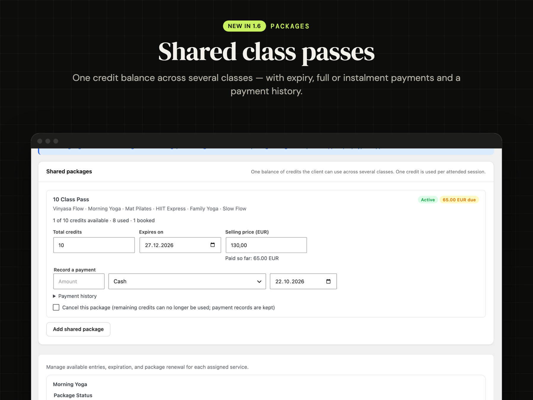 Shared class passes: one credit balance across several classes, with expiry and instalment payments.