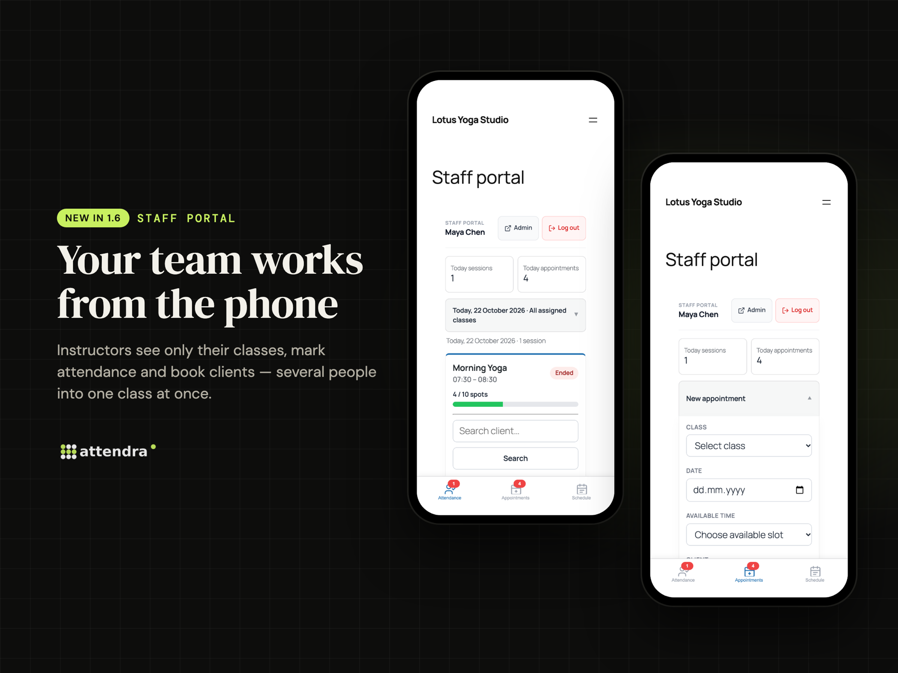 Staff portal: instructors mark attendance and book several clients into a class from their phone.