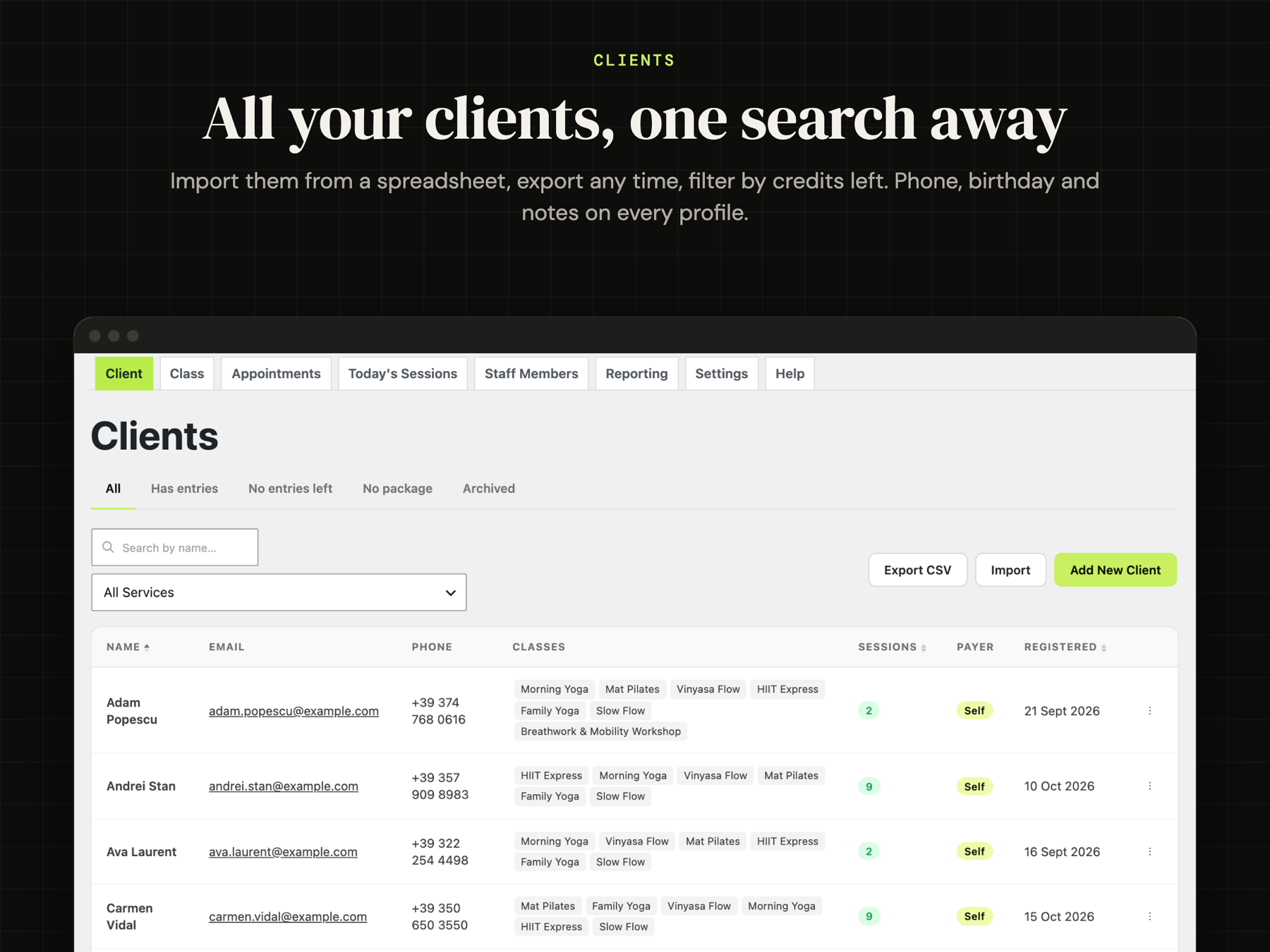Clients: search, filter by credits left, import from a spreadsheet and export.