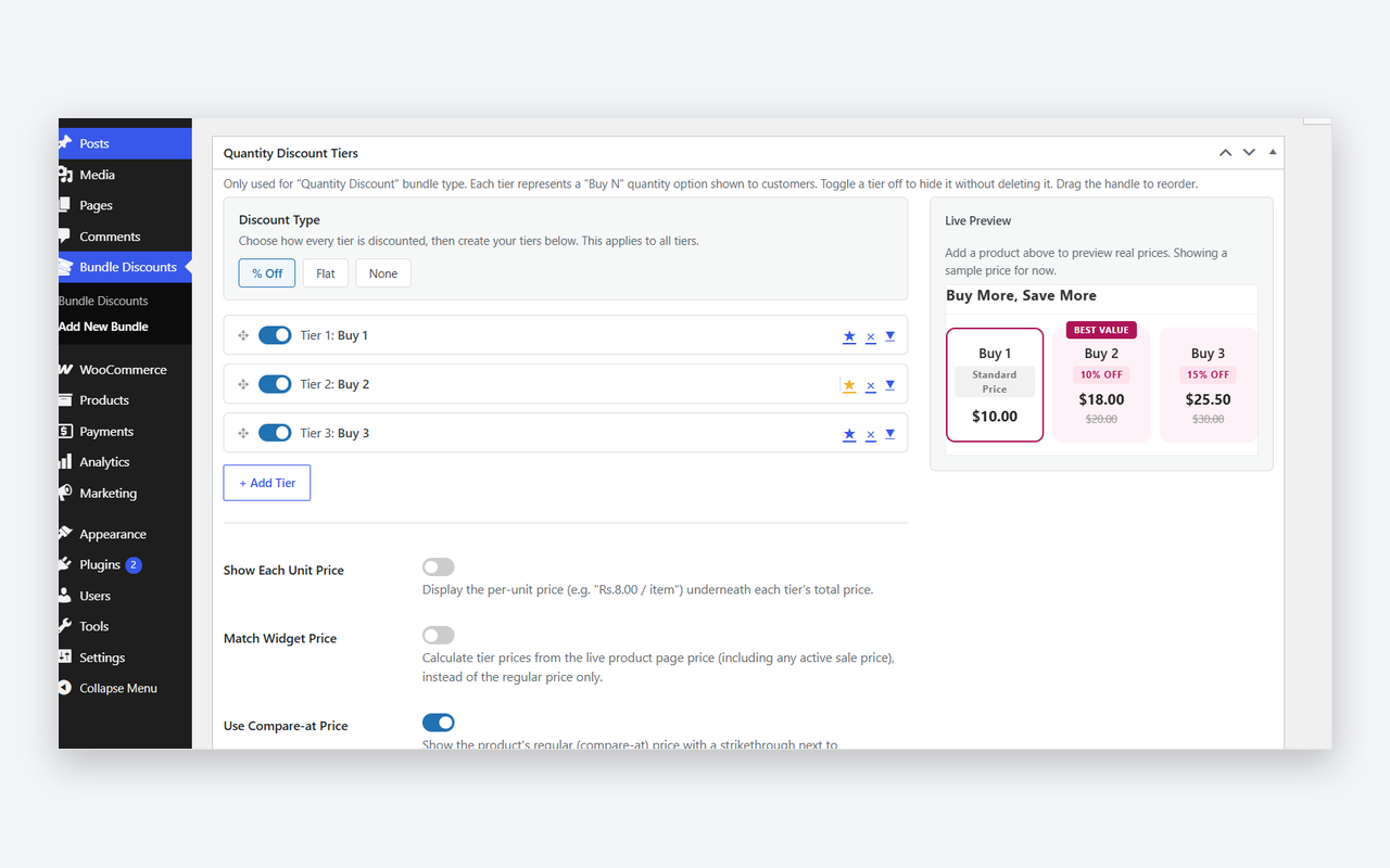 Create quantity discount tiers (buy 2 save 10%, buy 3 save 15%) with a live preview.
