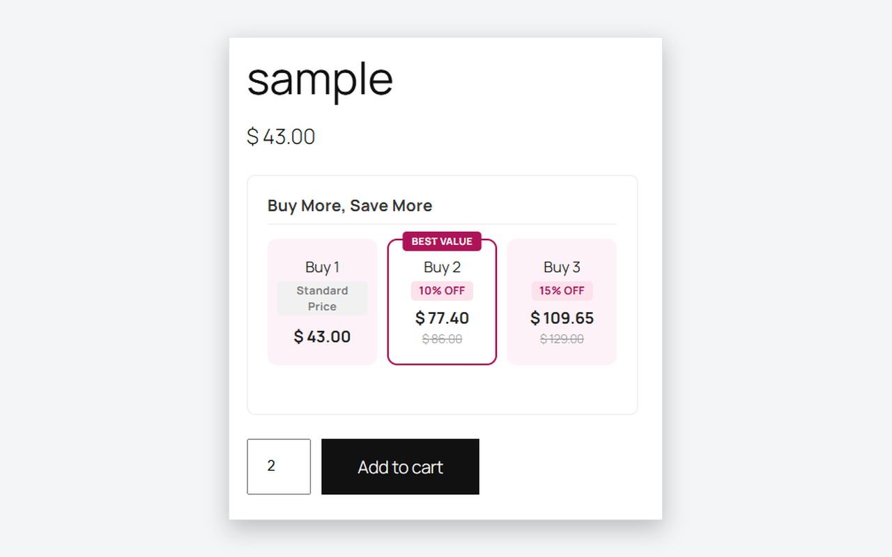 "Buy more, save more" pricing shown to customers on the product page.