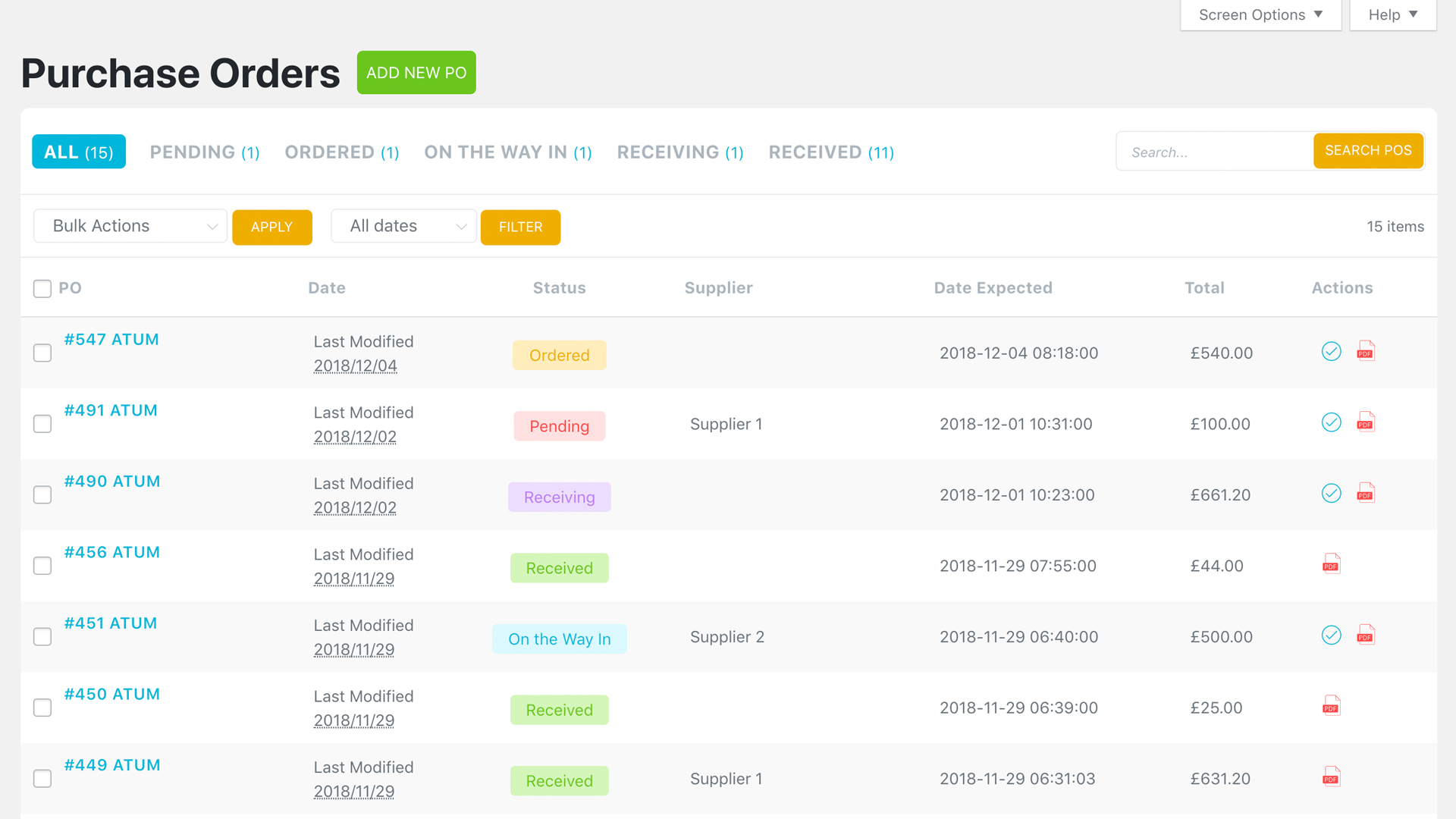 Purchase Orders - Full List of Created Purchase Orders