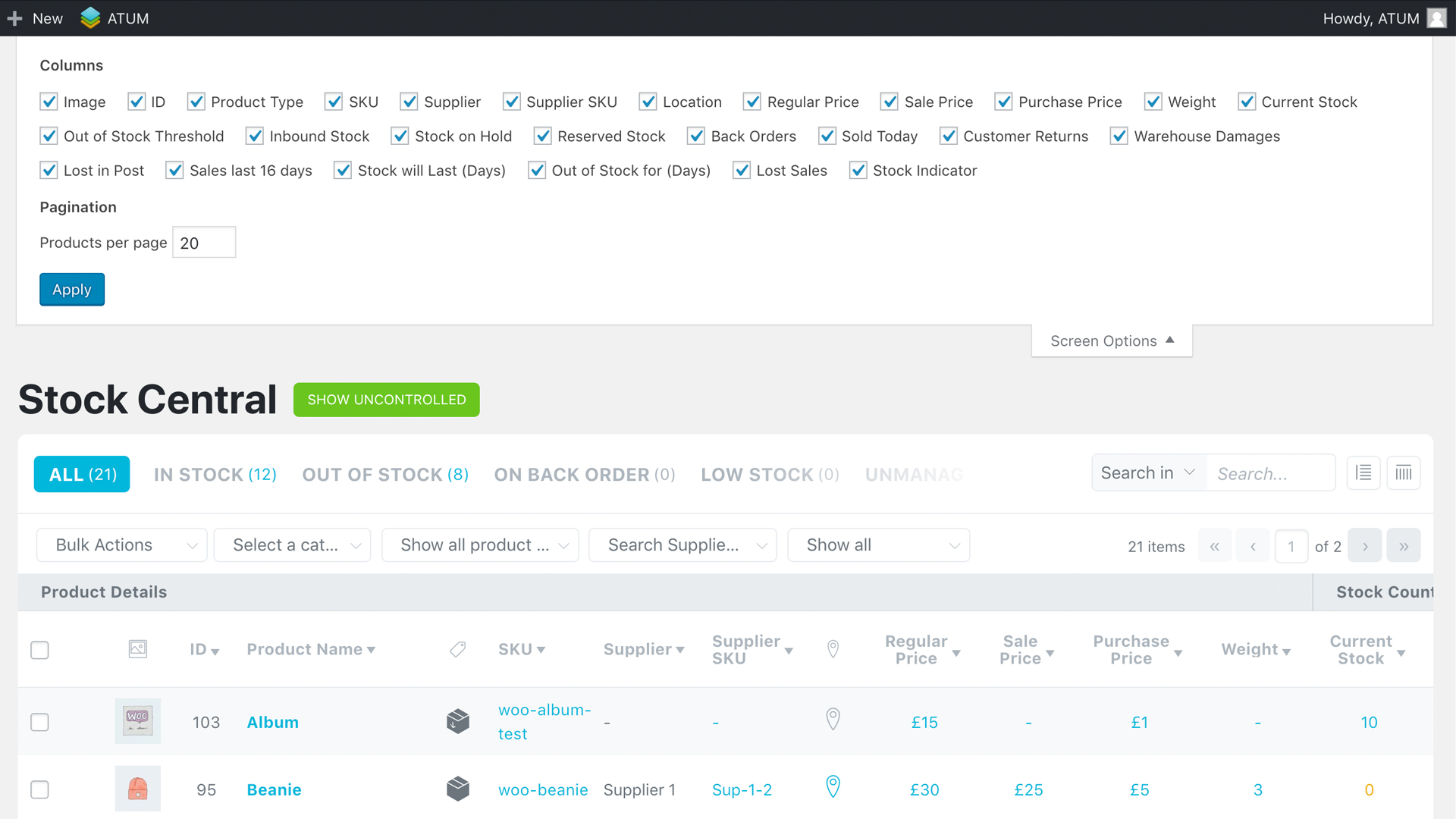 Full Control of the Stock Central View - Screen Options