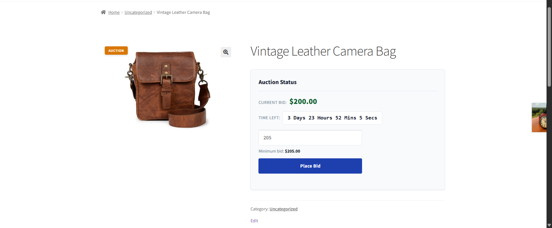 Live bidding box on an auction product page — real-time countdown, current bid, and bid history.