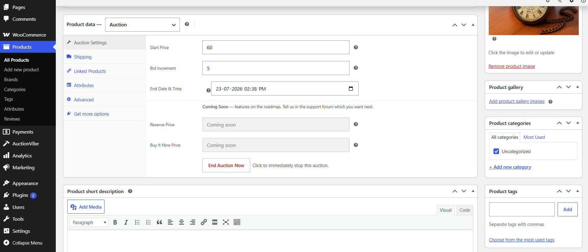 Auction Settings tab when editing a product — set the start price, bid increment, and end date & time.