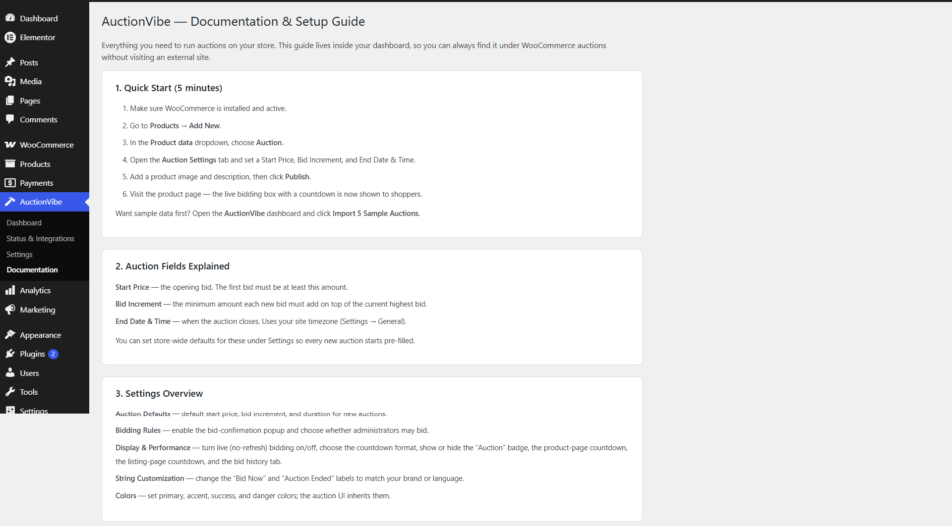 The built-in Documentation & Setup Guide, right inside your WordPress dashboard.