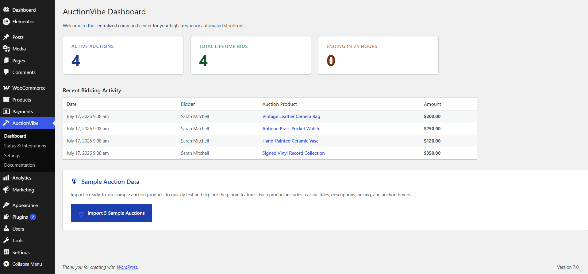 The AuctionVibe Dashboard — active auctions and recent bidding activity at a glance.