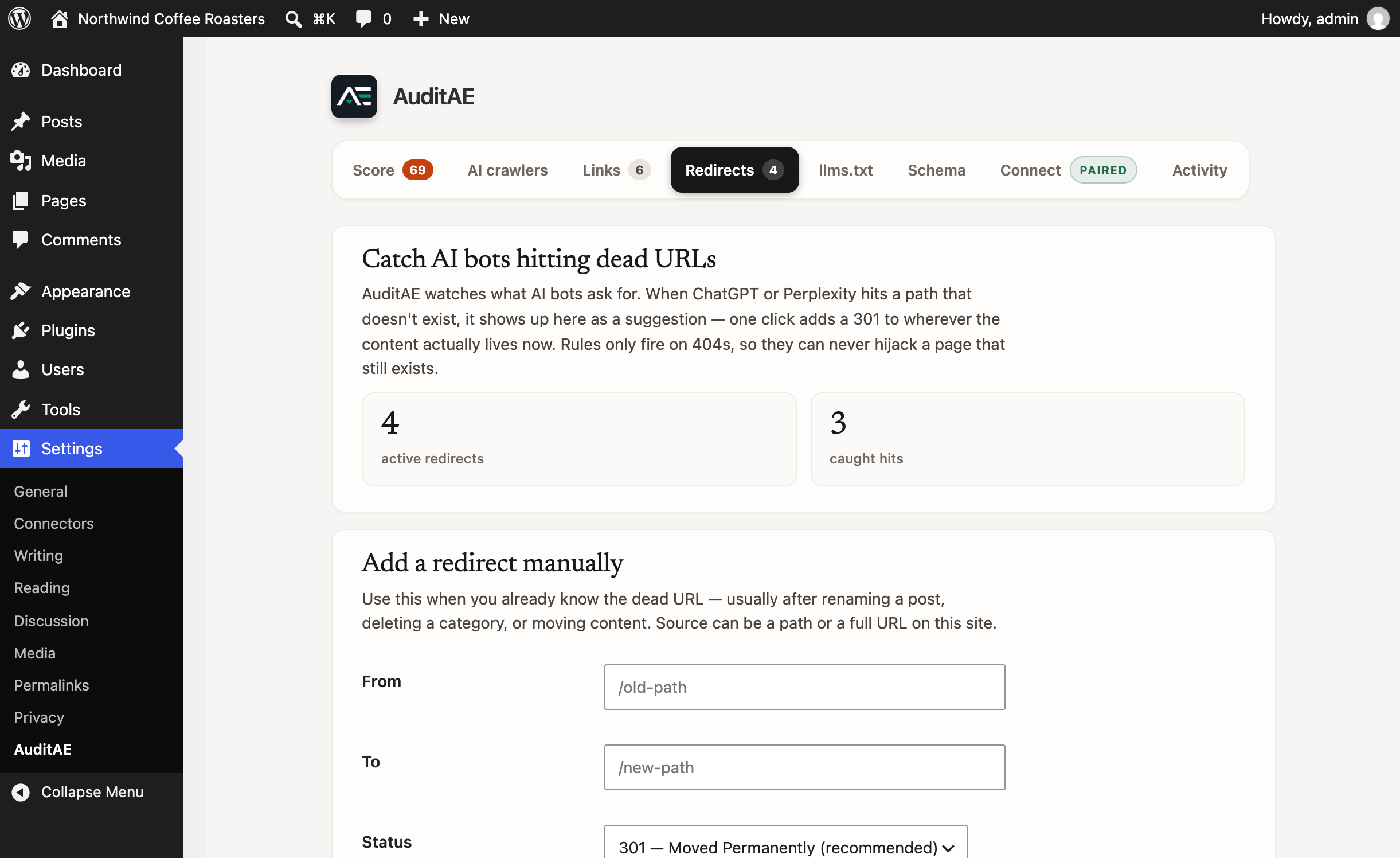 The Redirects tab — turn the 404s that AI bots hit into one-click 301s so you keep the link credit; suggestions are drawn straight from your AI crawler log.