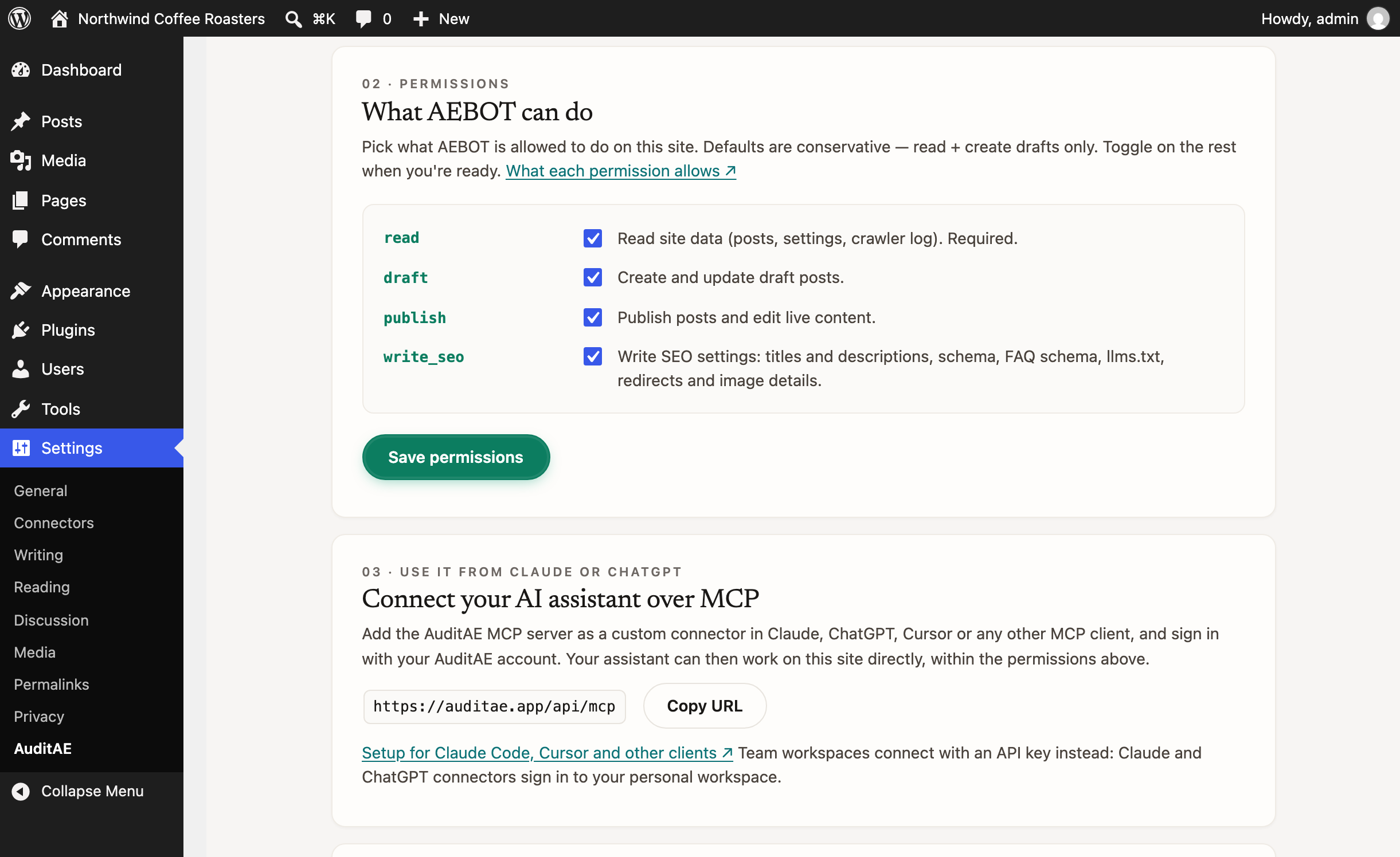 The Connect tab — pair with a free AuditAE account so the AEBOT assistant, or Claude, ChatGPT and Cursor over MCP, can draft posts, edit SEO metadata and manage schema on your site. Choose what it may do; every write is logged and the token is revocable at any time.