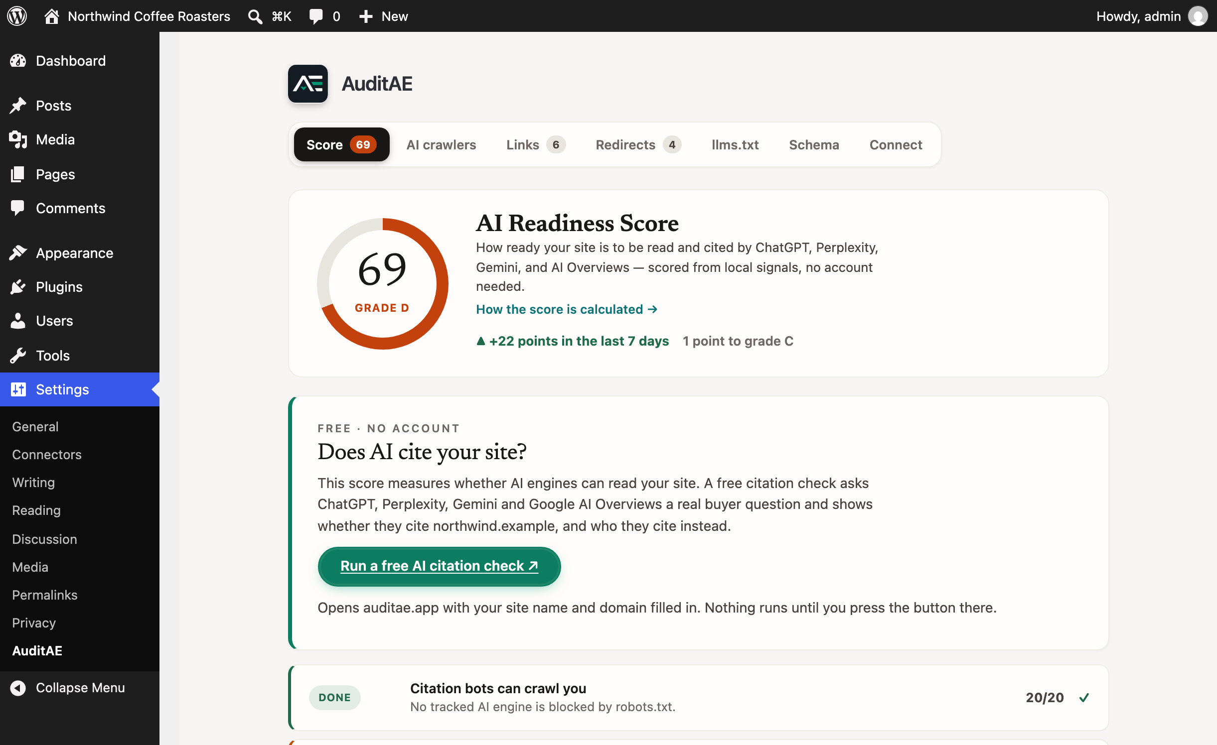 The AI Readiness Score — one 0–100 score with a letter grade and a 7-day trend for how ready your site is to be read and cited by ChatGPT, Perplexity, Gemini, and AI Overviews. Every check that isn't passing shows the points it's worth and links straight to the fix, and most of those fixes are free 