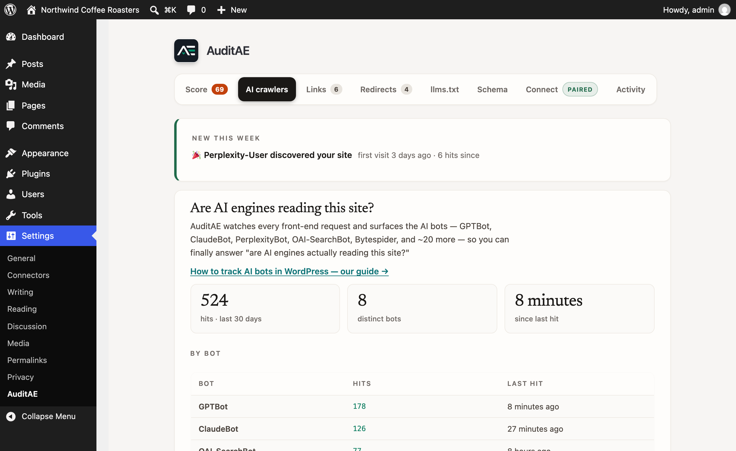 The AI crawlers tab — which AI bots are reading your site (hits, distinct bots, and time since last hit), with new-bot celebrations the first week a crawler discovers you, plus a robots.txt audit that flags when you're blocking citation engines like GPTBot, ClaudeBot, or PerplexityBot.