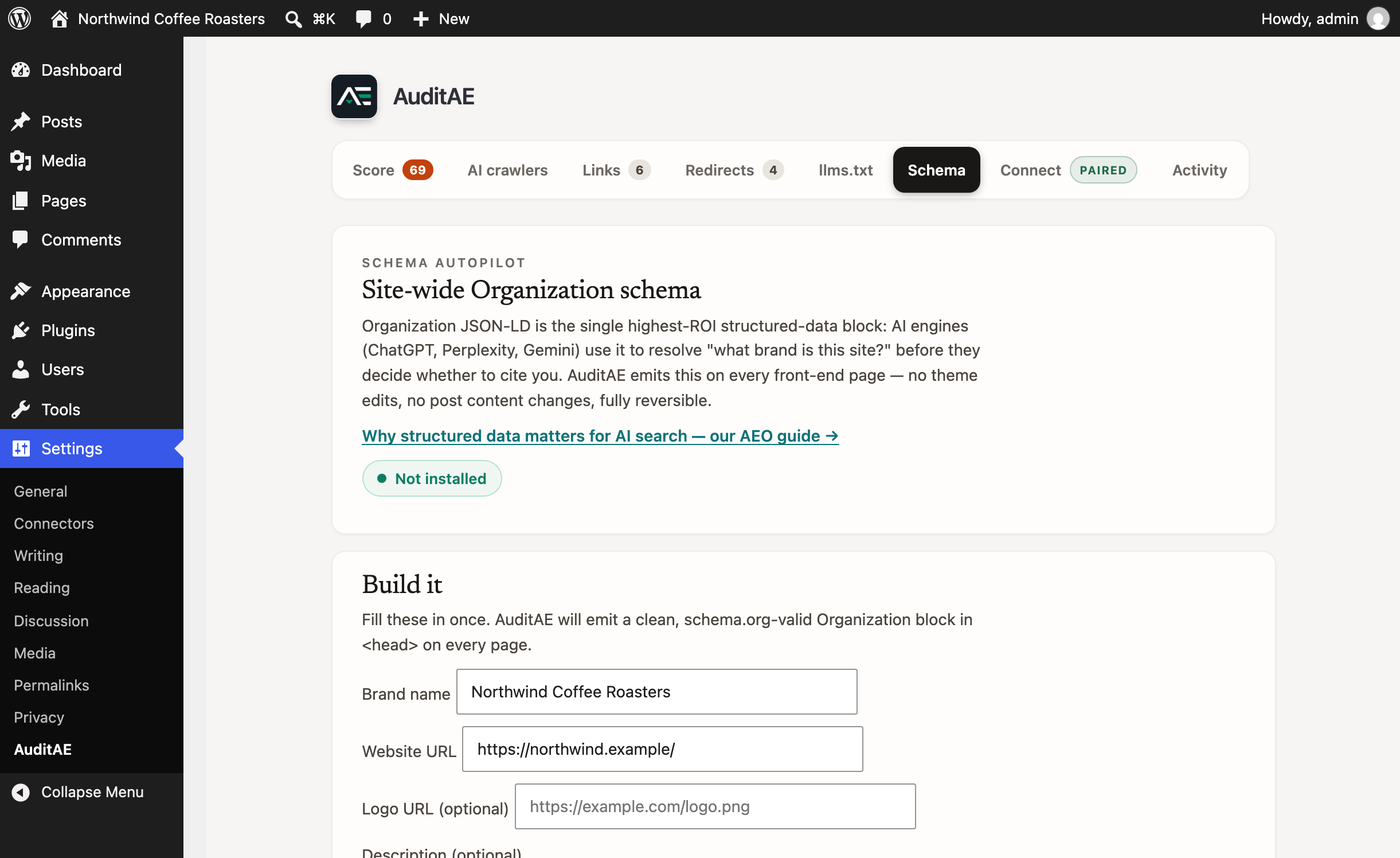 The Schema tab — emit a clean, schema.org-valid site-wide Organization JSON-LD block, working alongside Yoast and Rank Math. Per-post FAQ schema comes from the editor; on a paired site, AEBOT can add per-post Article and Product schema.
