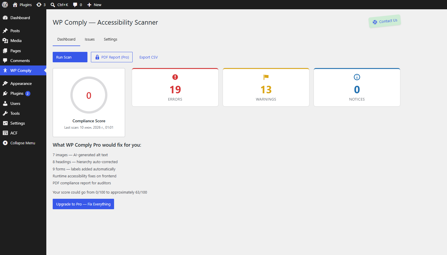 Dashboard with Compliance Score — see your site's accessibility health at a glance.