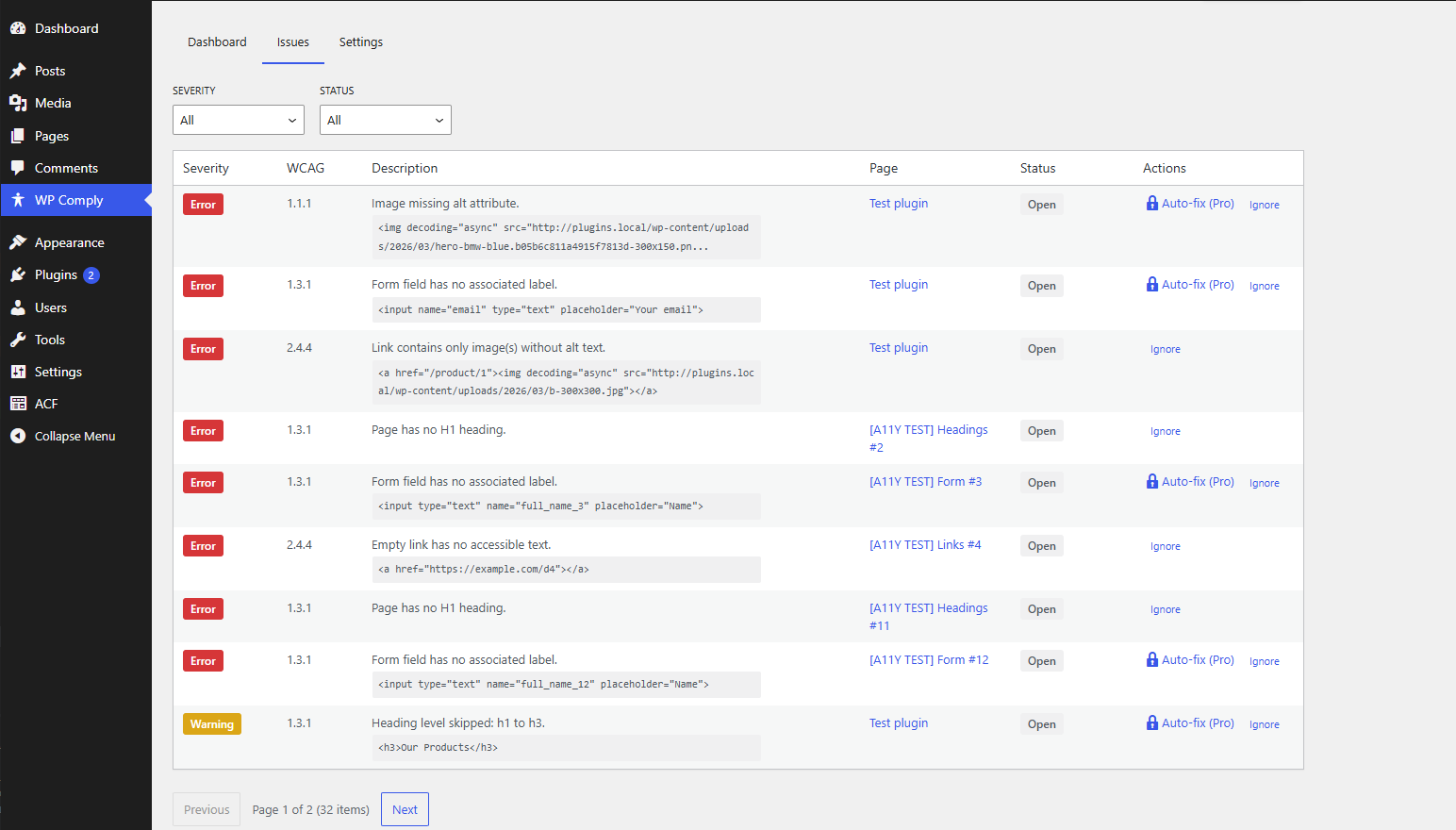 Issues list with severity levels — filter and sort by page, rule, or severity.