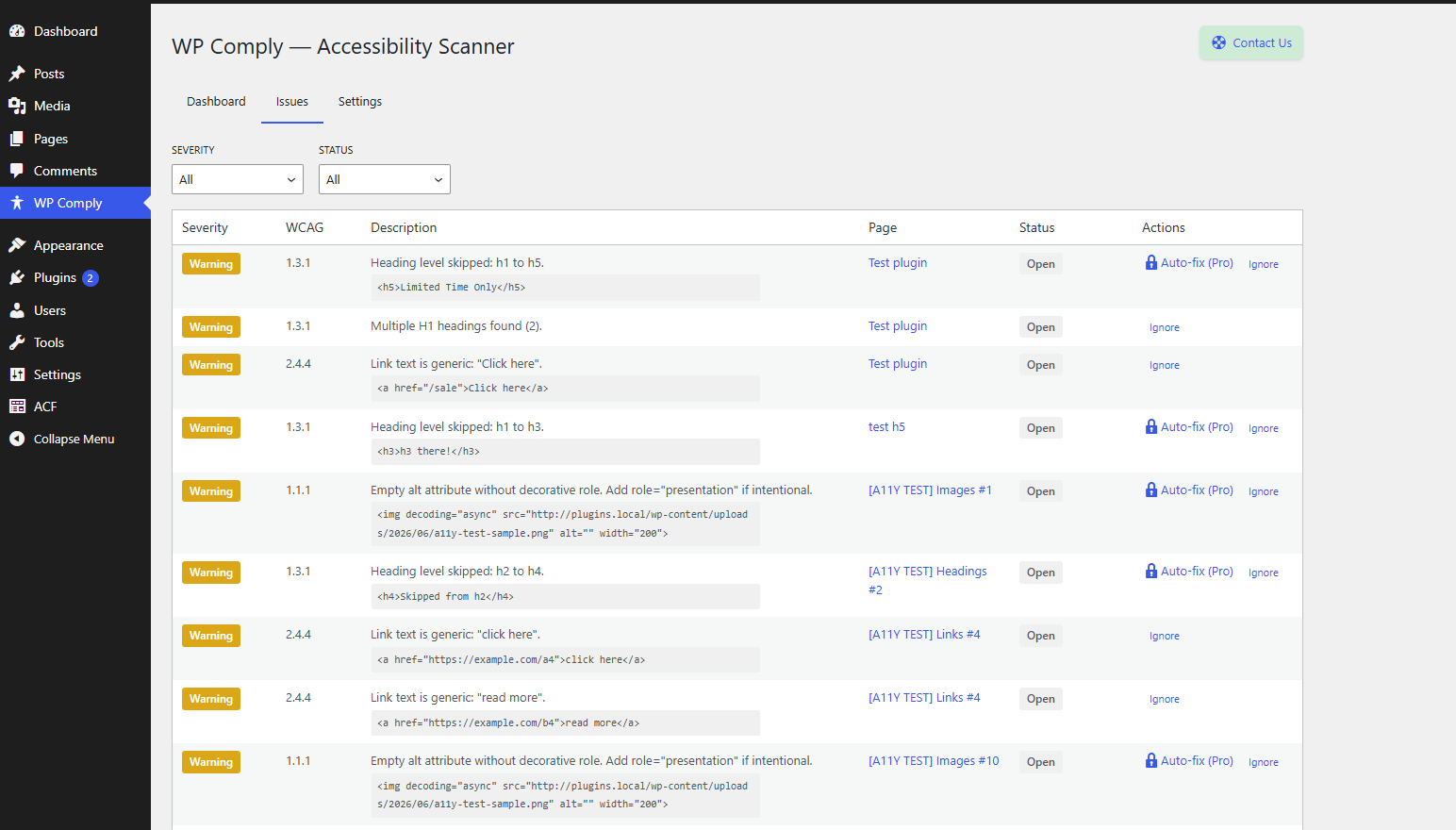 Scan results — detailed breakdown of each WCAG violation with guidance on how to fix it.
