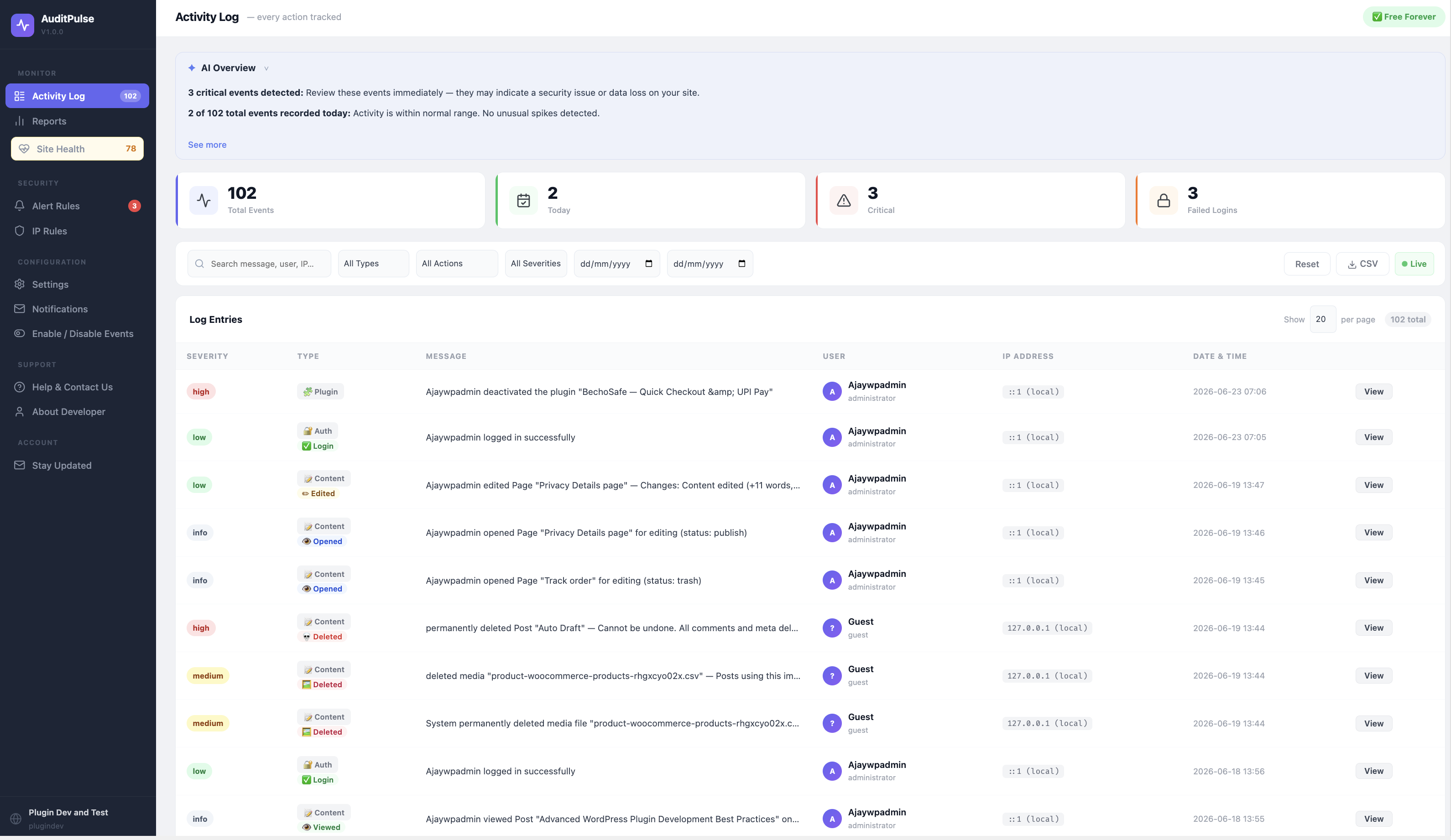 The activity log — filters by type, severity, user and date