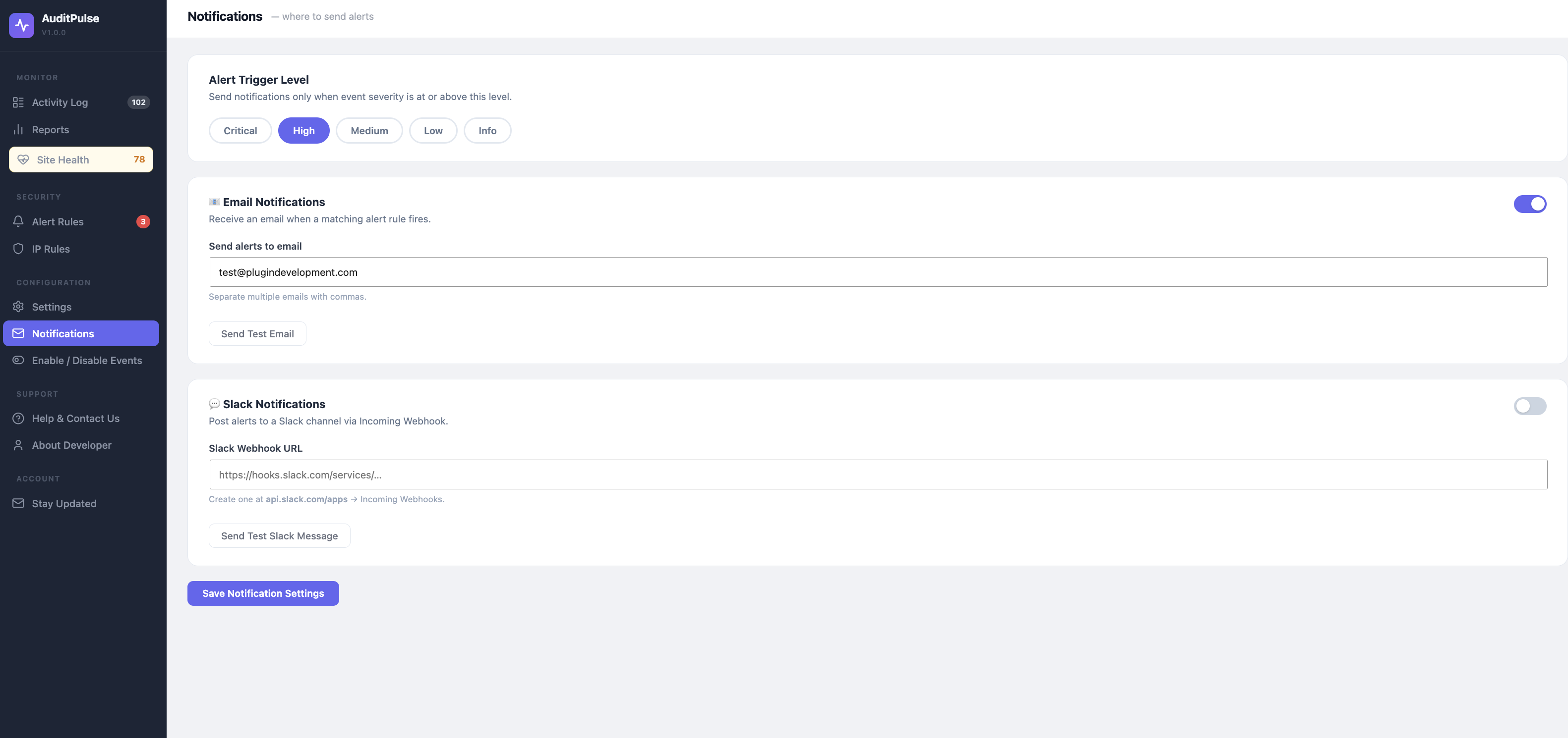 Notification settings (email + Slack webhook)